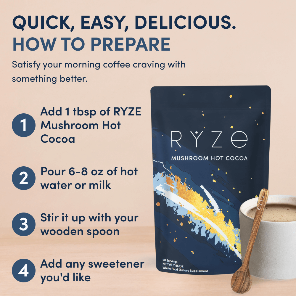 RYZE Mushroom Hot Cocoa — Organic Instant Cocoa with L-Theanine & Melatonin, 20 Servings A2