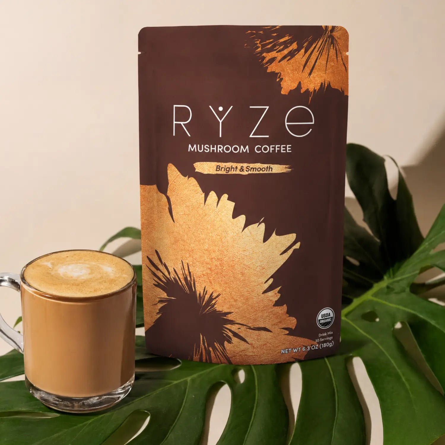 RYZE Mushroom Coffee — Organic Instant Coffee with Cordyceps & Reishi, 30 Servings J0