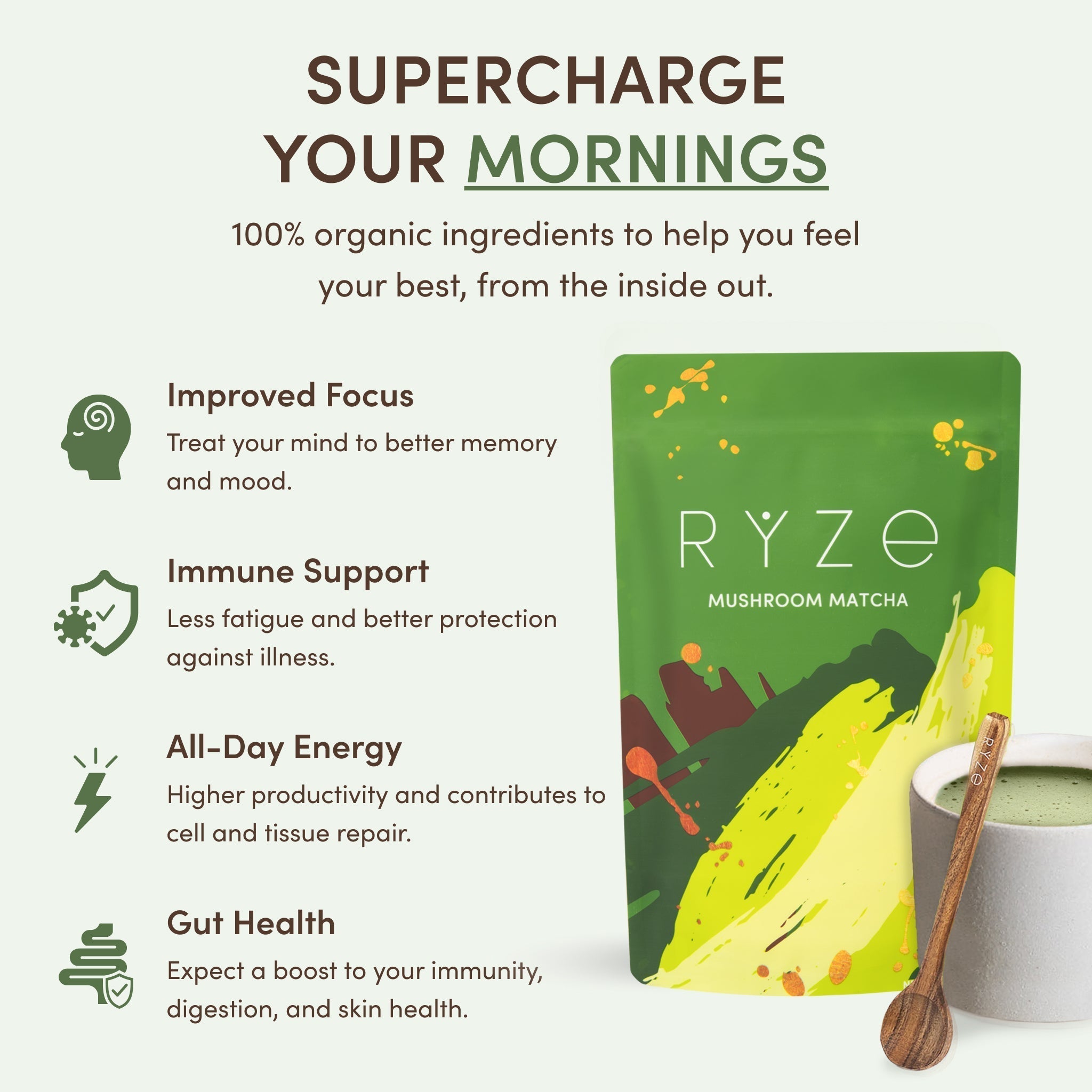 RYZE Mushroom Matcha — Organic Instant Matcha Latte with Lion's Mane & King Trumpet, 30 Servings D3