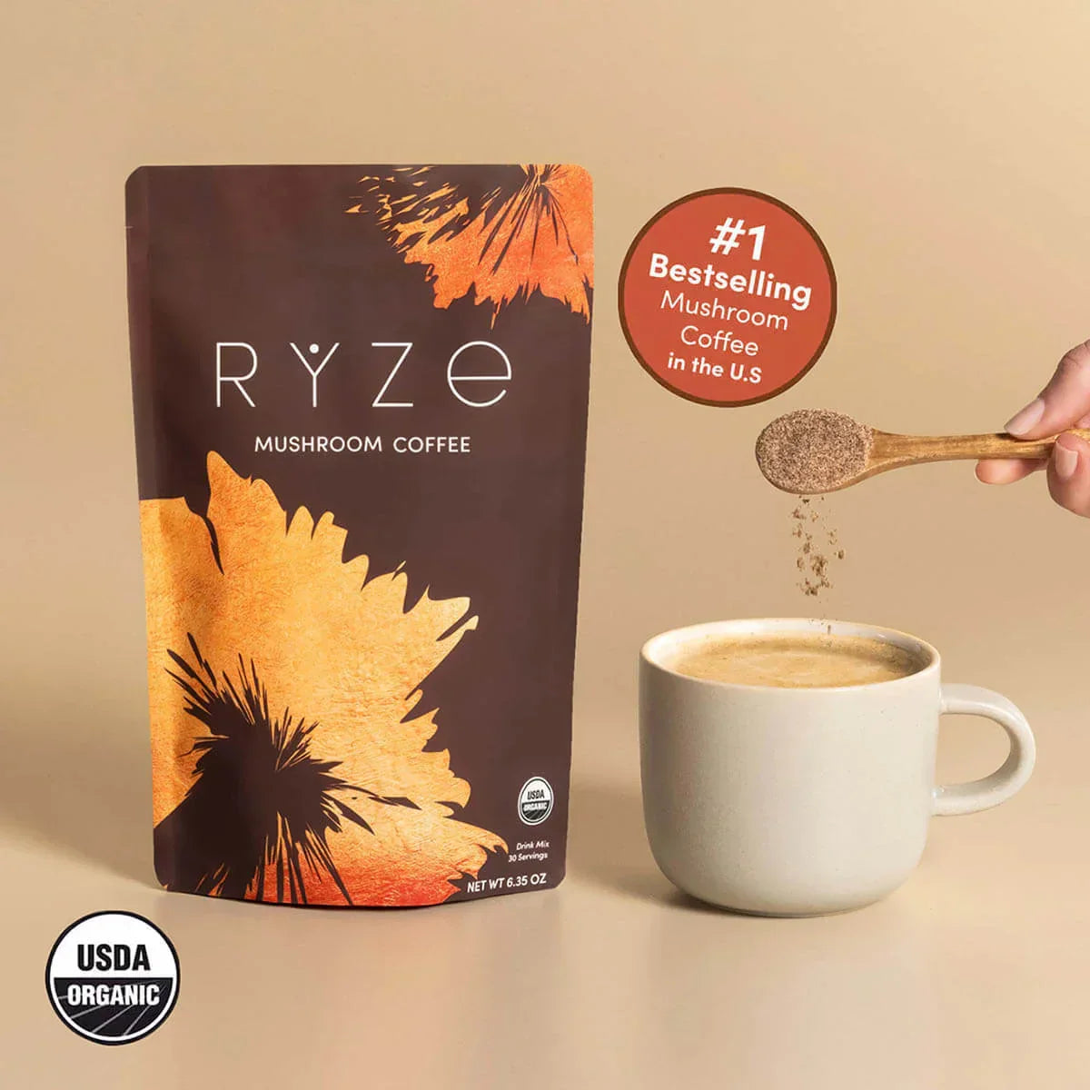 RYZE Mushroom Coffee — Organic Instant Coffee with Cordyceps & Reishi, 30 Servings J0