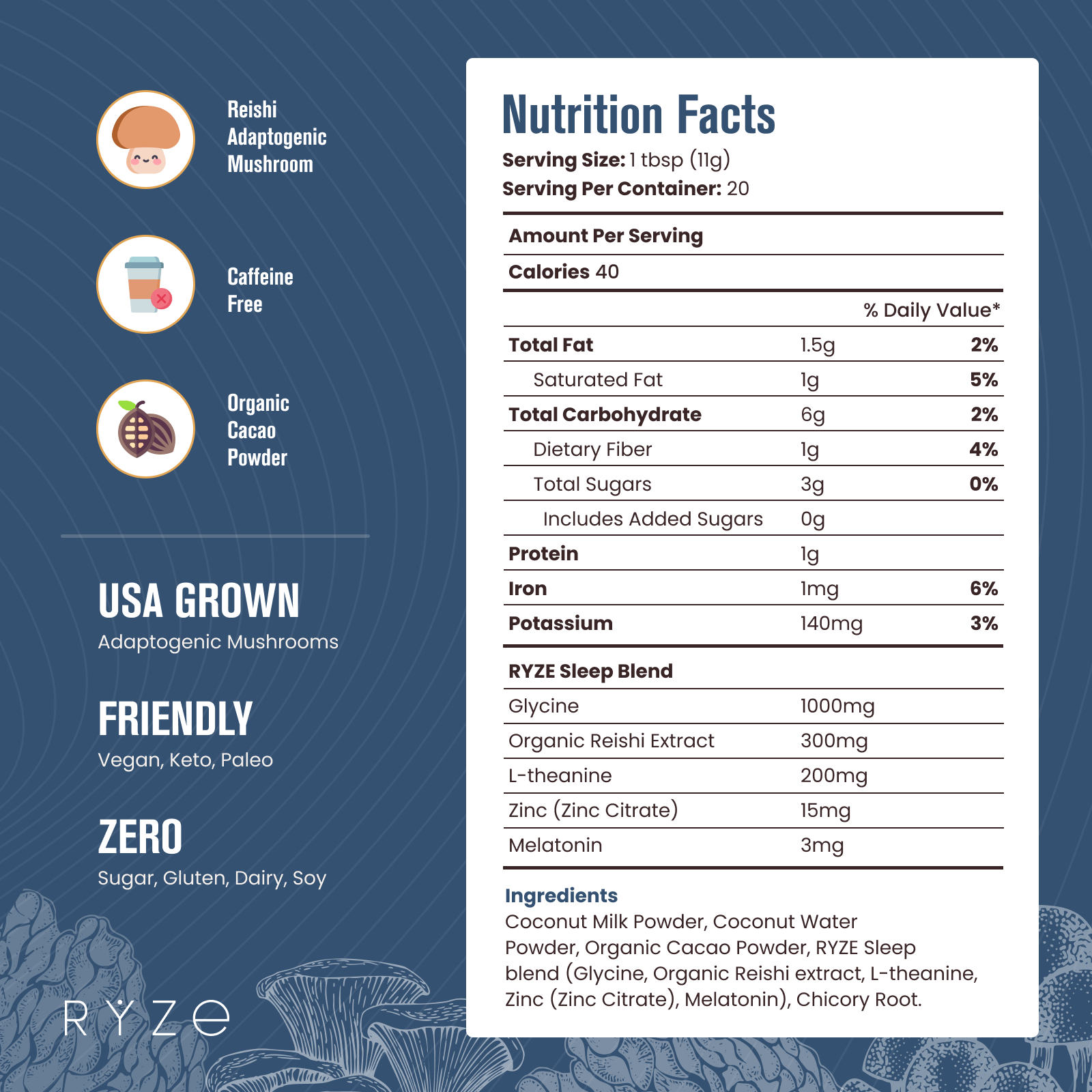 RYZE Hot Cocoa - with 6 Sleep Superfoods to Help Fall Asleep and Stay Asleep D3