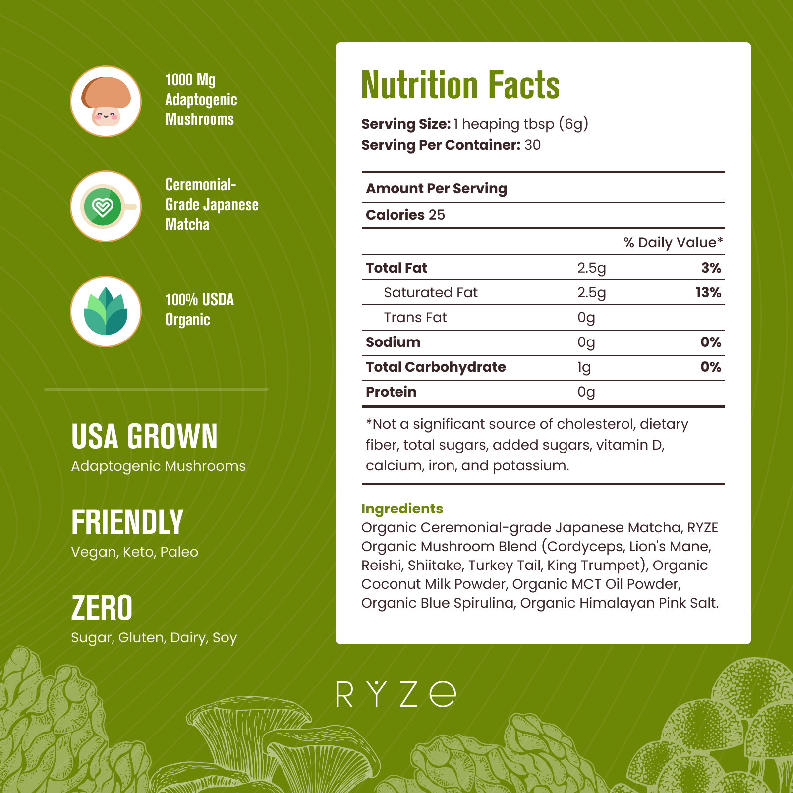 RYZE Mushroom Matcha - with 6 Organic Adaptogenic Mushrooms Grown In USA and Ceremonial-Grade Japanese Matcha N4